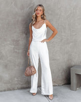 Olivia Pocketed Satin Wide Leg Pants - White