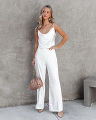 Olivia Pocketed Satin Wide Leg Pants - White