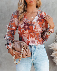 Olsen Printed Smocked Ruffle Crop Blouse