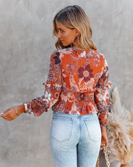 Olsen Printed Smocked Ruffle Crop Blouse