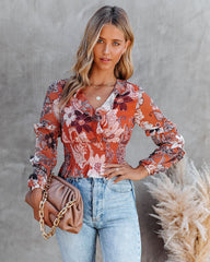 Olsen Printed Smocked Ruffle Crop Blouse