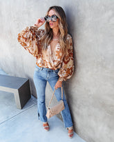 One Groovy Fall Floral Balloon Sleeve Bodysuit