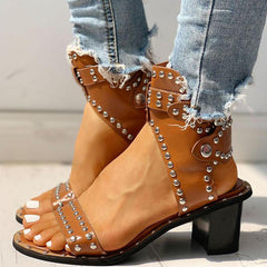 Open Toe Rivet Chunky Heeled Sandals For Women