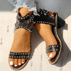 Open Toe Rivet Chunky Heeled Sandals For Women