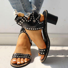 Open Toe Rivet Chunky Heeled Sandals For Women