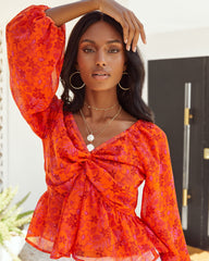 Orange Crush Balloon Sleeve Twist Blouse