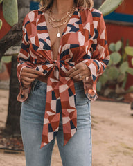 Ovie Printed Satin Tie Front Crop Blouse