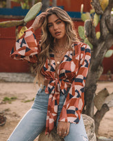 Ovie Printed Satin Tie Front Crop Blouse