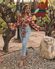 Ovie Printed Satin Tie Front Crop Blouse