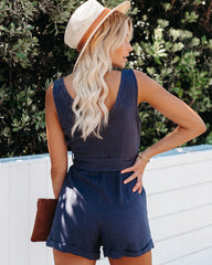 PREORDER - Garner Pocketed Button Down Tie Romper - Navy