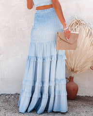 Pace Linen Blend Smocked Tiered Maxi Skirt - Light Blue