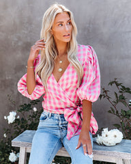 Palermo Linen Puff Sleeve Gingham Wrap Top