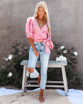 Palermo Linen Puff Sleeve Gingham Wrap Top