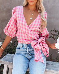 Palermo Linen Puff Sleeve Gingham Wrap Top
