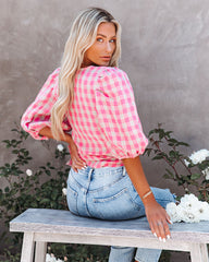 Palermo Linen Puff Sleeve Gingham Wrap Top
