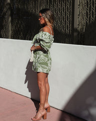 Palm Springs Cotton Off The Shoulder Cutout Pocketed Romper - Green