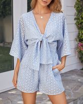 Parade Cotton Eyelet Pocketed Tie Front Romper - Sky Blue