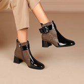 Patent Colorblock Buckle Ankle Booties