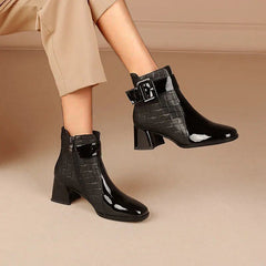 Patent Colorblock Buckle Ankle Booties