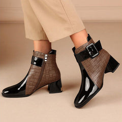 Patent Colorblock Buckle Ankle Booties