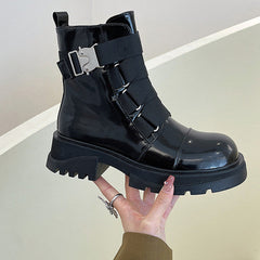 Patent Leather Multi Buckle Straps Combat Boots