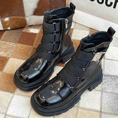 Patent Leather Multi Buckle Straps Combat Boots
