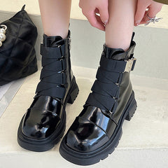 Patent Leather Multi Buckle Straps Combat Boots