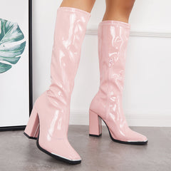 Patent Leather Square Toe Block Chunky Heel Knee High Boots