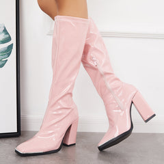 Patent Leather Square Toe Block Chunky Heel Knee High Boots
