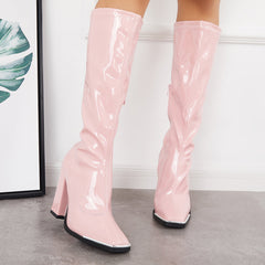 Patent Leather Square Toe Block Chunky Heel Knee High Boots