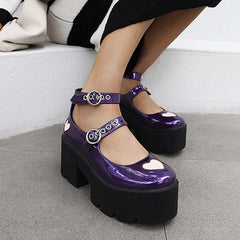 Patent Pink Heart Double Buckle Platform Mary Jane Shoes