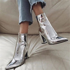 Patent Pointed Toe Chunky Zipper Heeled Boots