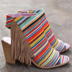 Peep Toe Chunky Heel Zipper Stripe Sandals