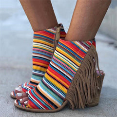 Peep Toe Chunky Heel Zipper Stripe Sandals