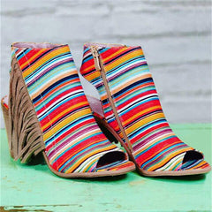 Peep Toe Chunky Heel Zipper Stripe Sandals