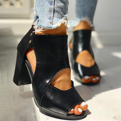 Peep Toe Cutout Rivet Chunky Heel Boots