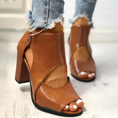 Peep Toe Cutout Rivet Chunky Heel Boots