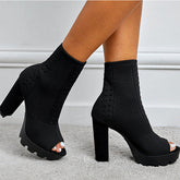 Peep Toe Slip-On Elastic Chunky Heel Boots