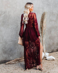 Peony Long Sleeve Lace Maxi Romper - Burgundy