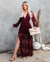 Peony Long Sleeve Lace Maxi Romper - Burgundy