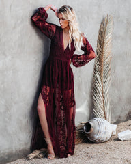 Peony Long Sleeve Lace Maxi Romper - Burgundy