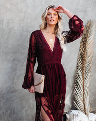 Peony Long Sleeve Lace Maxi Romper - Burgundy
