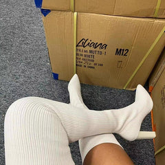 Pointed Toe High Heeled Pull-On Thigh Boots