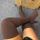 Pointed Toe High Heeled Pull-On Thigh Boots