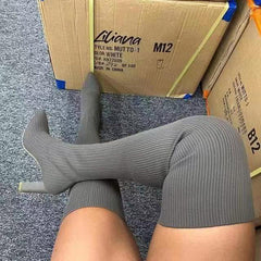 Pointed Toe High Heeled Pull-On Thigh Boots