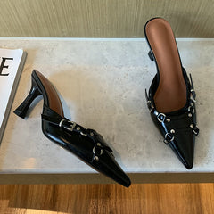 Pointed Toe Punk Rivet Buckle Mid Heeled Slides