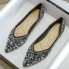 Pointed Toe Rhinestone Pearl Decor Flats