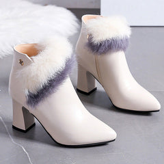 Pointed Toe Side Zipper Fur Chunky High-Heel Boots