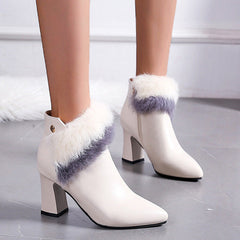 Pointed Toe Side Zipper Fur Chunky High-Heel Boots