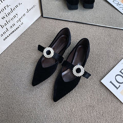 Pointed Toe Suede Rhinestone Buckle Mary Jane Shoes